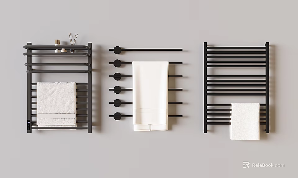 Sleek Modern Black Bathroom Accessories Wall Mounted Racks With Hangers And Towels 3d model 