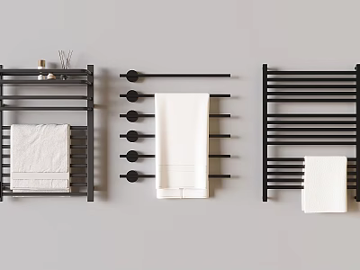 Sleek Modern Black Bathroom Accessories Wall Mounted Racks With Hangers And Towels 3d model