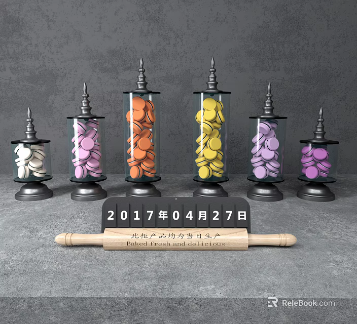 Colorful Round Cookies In Glass Jars With Rolling Pin And Date Sign 3d model 