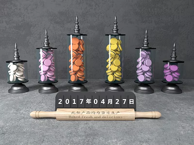 Colorful Round Cookies In Glass Jars With Rolling Pin And Date Sign 3d model