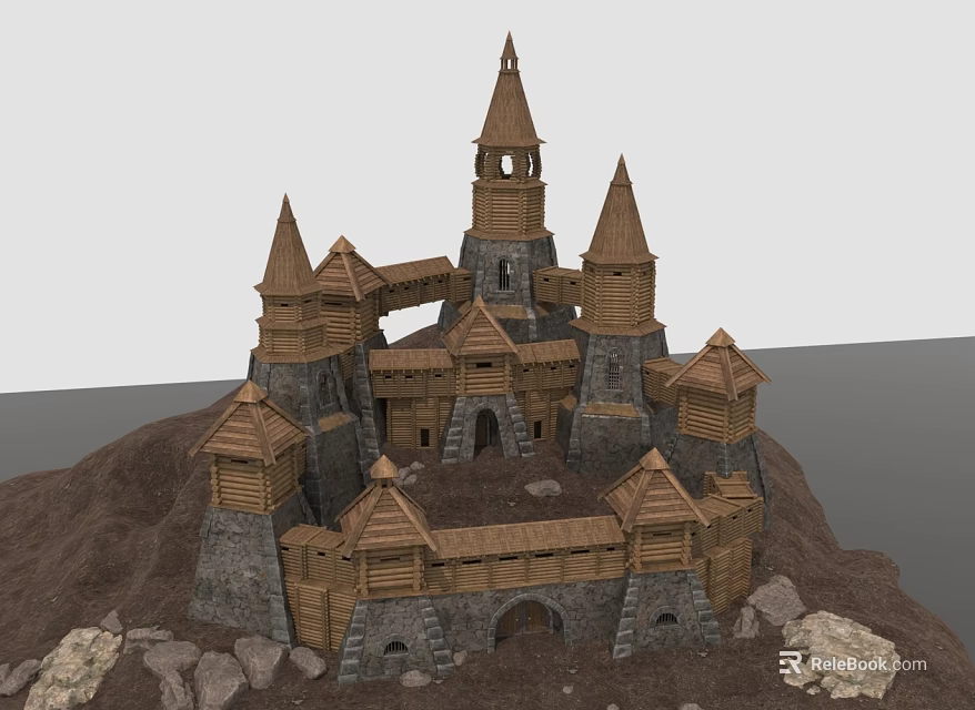 Cartoon Style Fantasy Castle With Multiple Pointed Towers Wooden Stone Structure On Hill And Rocks 3d model 