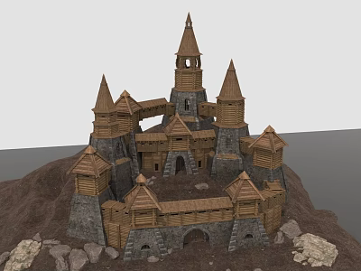 Cartoon Style Fantasy Castle With Multiple Pointed Towers Wooden Stone Structure On Hill And Rocks 3d model