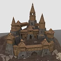 Cartoon Style Fantasy Castle With Multiple Pointed Towers Wooden Stone Structure On Hill And Rocks