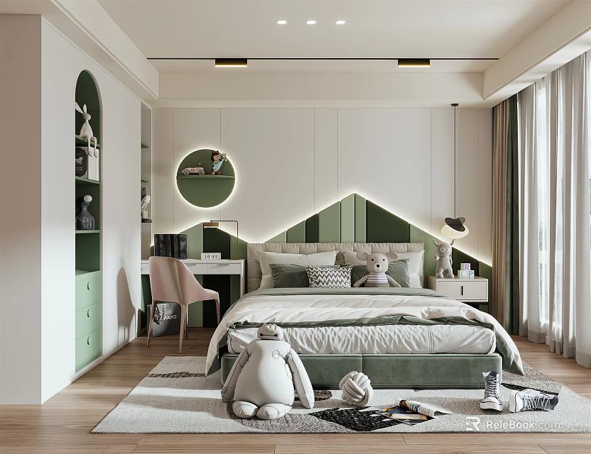 Modern Kids Room Interior With Green Padded Headboard Stuffed Toys And Wooden Floor 3d model 