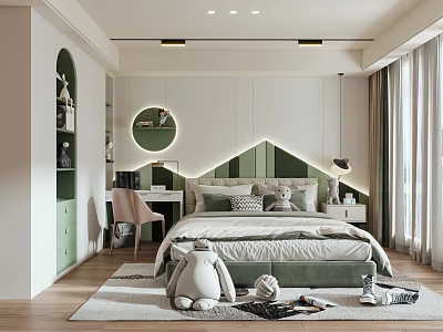 Modern Kids Room Interior With Green Padded Headboard Stuffed Toys And Wooden Floor 3d model