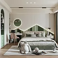 Modern Kids Room Interior With Green Padded Headboard Stuffed Toys And Wooden Floor