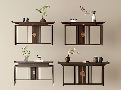 Traditional Chinese Wooden Console Tables With Decorative Plants Vases And Tea Sets 3d model