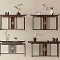 Traditional Chinese Wooden Console Tables With Decorative Plants Vases And Tea Sets