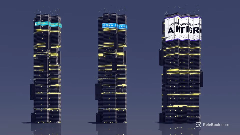 Futuristic Architecture Three Tall Illuminated Skyscrapers With Modern Design Elements 3d model 