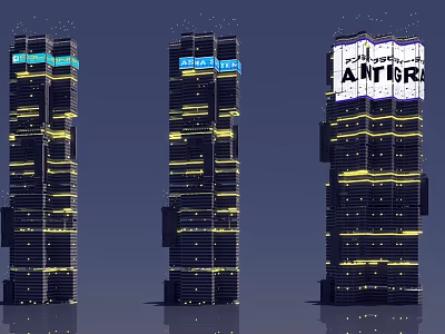 Futuristic Architecture Three Tall Illuminated Skyscrapers With Modern Design Elements 3d model
