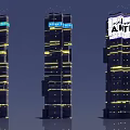 Futuristic Architecture Three Tall Illuminated Skyscrapers With Modern Design Elements