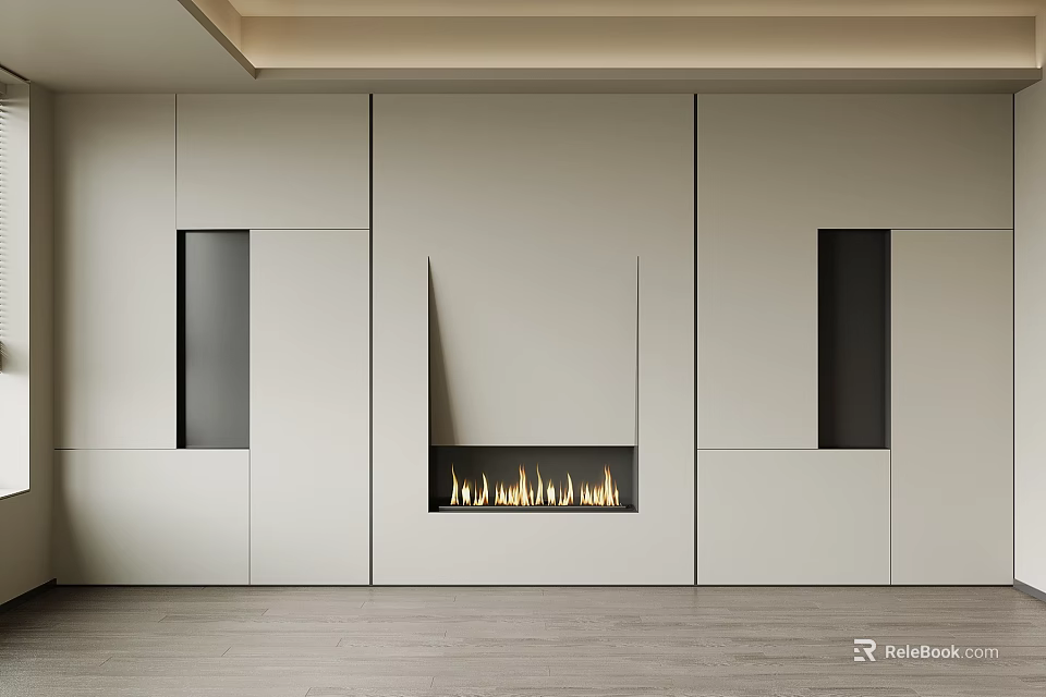 Modern Minimalist Background Wall Design With Central Fireplace Flames White Panels And Black Rectangular Sections 3d model