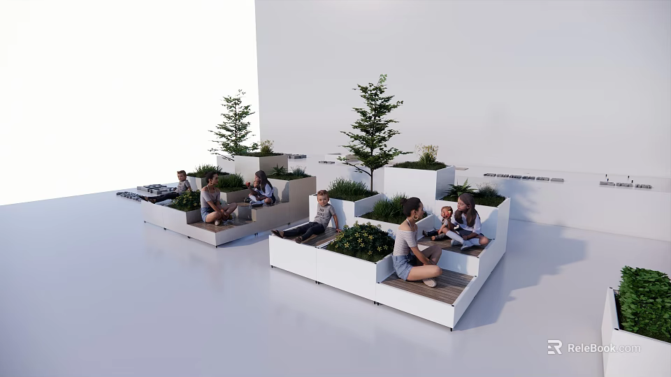 Modern Outdoor Seating Space With White Planters Green Trees And People Relaxing 3d model 