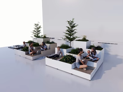 Modern Outdoor Seating Space With White Planters Green Trees And People Relaxing 3d model