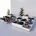 Modern Outdoor Seating Space With White Planters Green Trees And People Relaxing