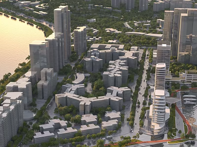 Aerial Urban Planning With High Rise Buildings Building Clusters Riverfront Green Spaces And Roads 3d model