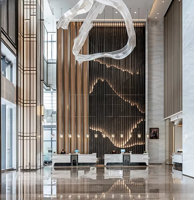 Elegant Modern Hotel Lobby Interior With Grand Chandelier And Reception Desk 3d model