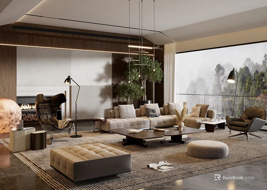Modern Living Room with Floor-to-Ceiling Window Mountain View Sofa Coffee Table Rug Chandelier and Fireplace 3d model 