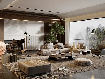 Modern Living Room with Floor-to-Ceiling Window Mountain View Sofa Coffee Table Rug Chandelier and Fireplace 3d model