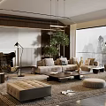 Modern Living Room with Floor-to-Ceiling Window Mountain View Sofa Coffee Table Rug Chandelier and Fireplace