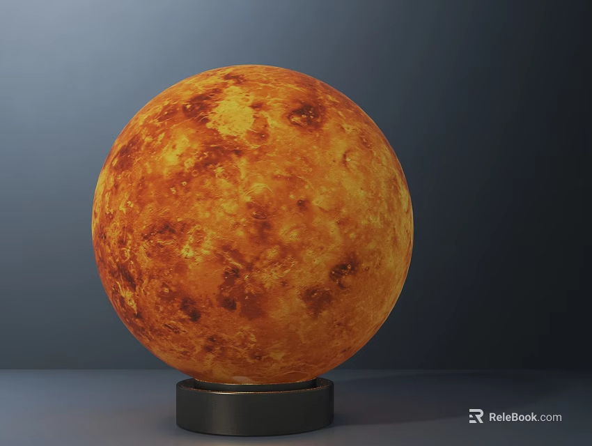 Orange Red Planet Shaped Table Lamp With Textured Surface And Black Base 3d model 