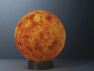 Orange Red Planet Shaped Table Lamp With Textured Surface And Black Base 3d model