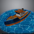 Red And Blue Wooden Boat Floating On Blue Rippled Water Surface