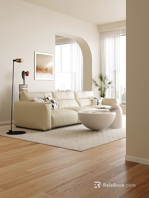 Beige Three-Seater Sofa in Modern Living Room with Floor Lamp Artwork and Green Plant 3d model 