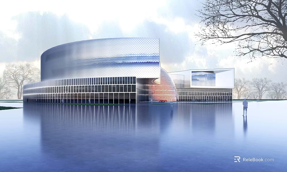 Modern Commercial Complex With Streamlined Glass Curtain Wall And Waterfront Reflection In Scenic Landscape 3d model 