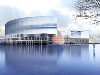 Modern Commercial Complex With Streamlined Glass Curtain Wall And Waterfront Reflection In Scenic Landscape 3d model