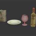 Elegant Wine Bottle and Glass with Brown Paper Bag White Plate on Black Table Surface