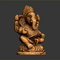 Wooden Elephant Statue Sitting With Decorative Headpiece And Detailed Carvings Against Dark Background