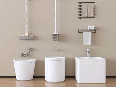 Modern White Bathroom Accessories Including Toilet Sink Towel Rack Mop And Brush 3d model