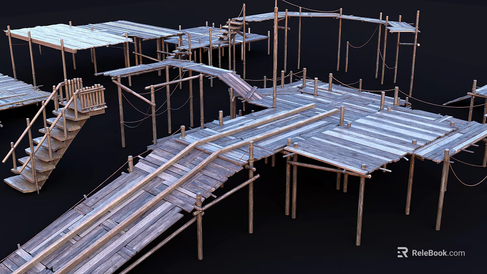 Construction Scaffolding Structures With Wooden Poles Planks Platforms and Staircase 3d model
