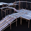 Construction Scaffolding Structures With Wooden Poles Planks Platforms and Staircase 3d model