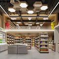 Modern Department Store Supermarket Interior With Fresh Fruits Vegetables Refrigerators Shelves And Hexagonal Lighting