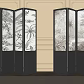 Modern Chinese Three Panel Room Divider With Black Frame And Elegant Patterns On Light Wall 3d model