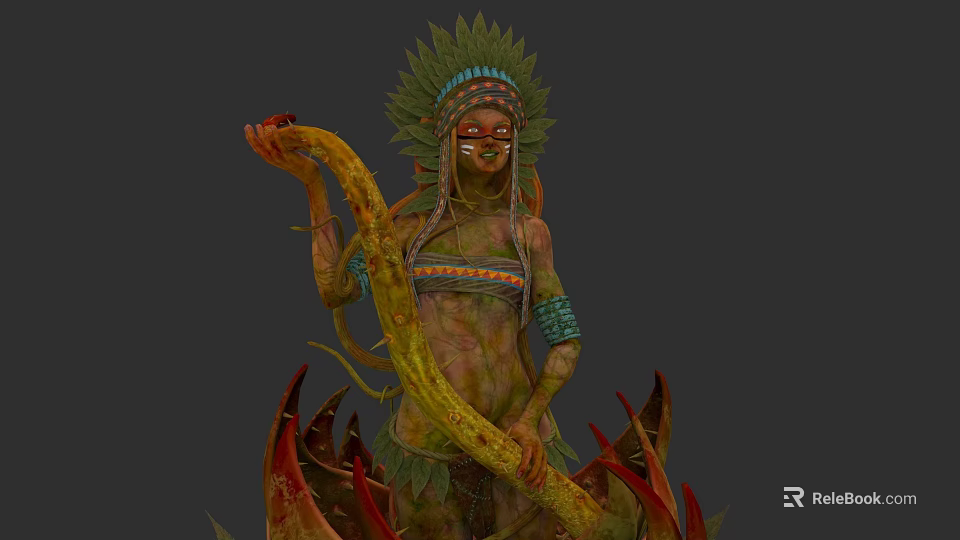 Tribal Character With Feathered Headdress Face Paint Interacting With Snake And Red Plant Leaves 3d model 