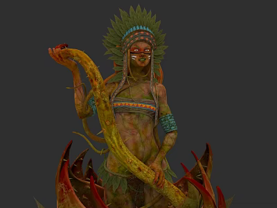 Tribal Character With Feathered Headdress Face Paint Interacting With Snake And Red Plant Leaves 3d model