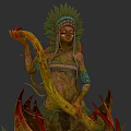 Tribal Character With Feathered Headdress Face Paint Interacting With Snake And Red Plant Leaves