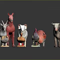 Colorful Plastic Animal Toys Set Featuring Horse Goat Chicken Pig Cow And Duck On Reflective Surface