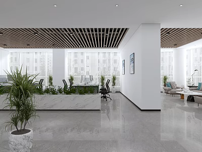 Modern Public Office Space Interior With Desk Area Green Plants And Sofa Seating 3d model