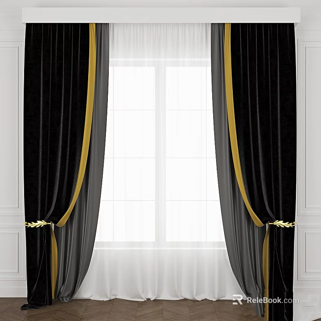 Luxurious Black Curtains With Gold Trim And White Sheer Curtains Against White Walls 3d model 