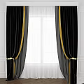 Luxurious Black Curtains With Gold Trim And White Sheer Curtains Against White Walls