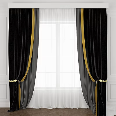 Luxurious Black Curtains With Gold Trim And White Sheer Curtains Against White Walls 3d model