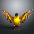 Yellow Bird With Black Head Spread Wings On Reflective Surface Against Gray Gradient Background 3d model