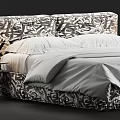 Double Bed with Black White Patterned Headboard White Sheets and Red Round Nightstands 3d model