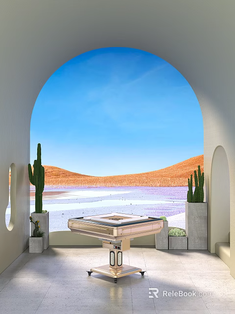 Board Game Entertainment Spot With Arched Window Blue Sky Orange Mountains Purple Water And Cactus Plants 3d model 