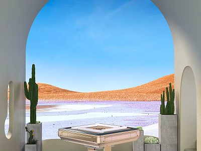 Board Game Entertainment Spot With Arched Window Blue Sky Orange Mountains Purple Water And Cactus Plants 3d model