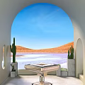 Board Game Entertainment Spot With Arched Window Blue Sky Orange Mountains Purple Water And Cactus Plants